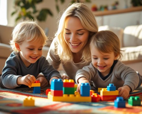madre que este con sus hijos jugando en casa que sea blanca con hijos blancos